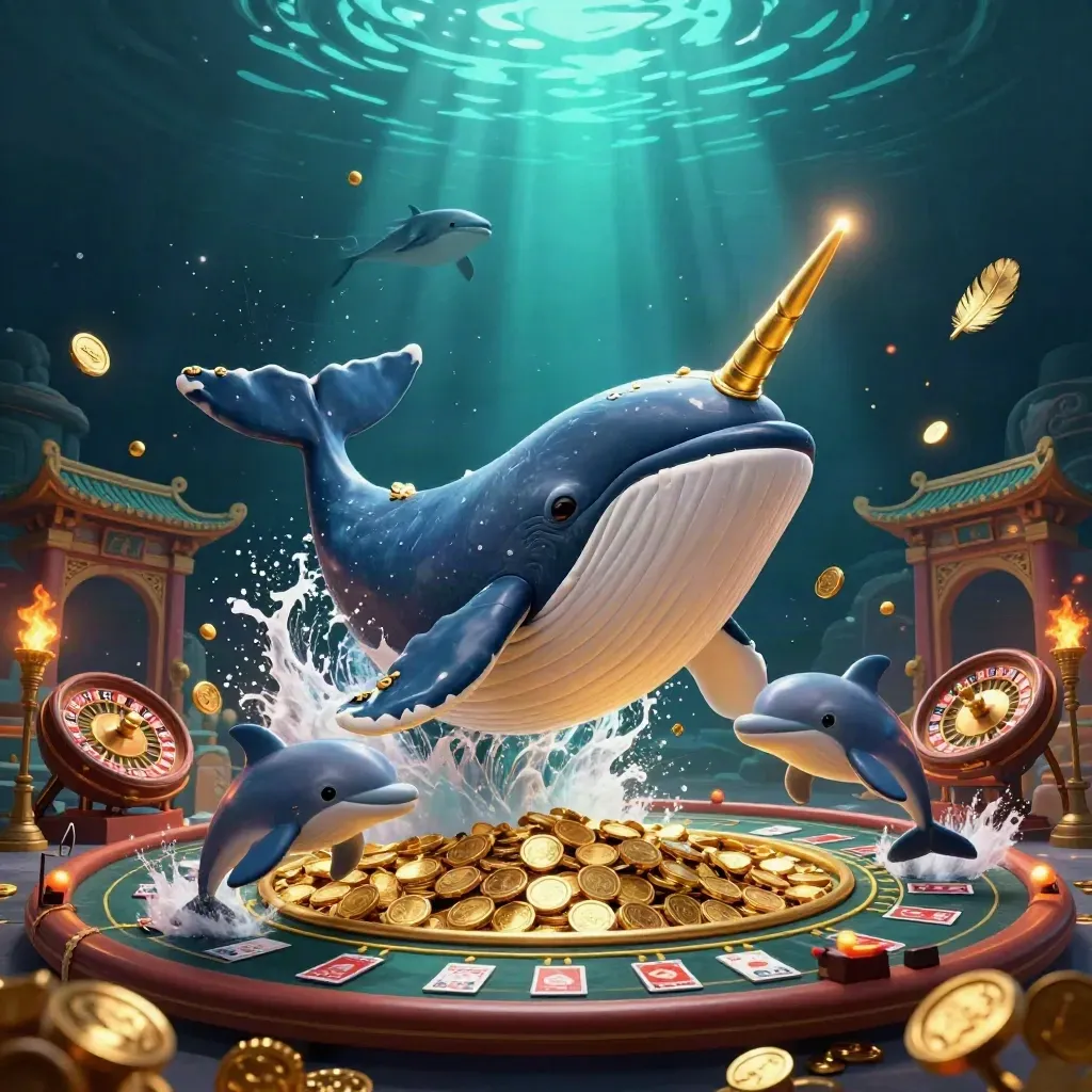Whale captain, narwhal, and dolphins burst through gold coins in a neon underwater casino scene.