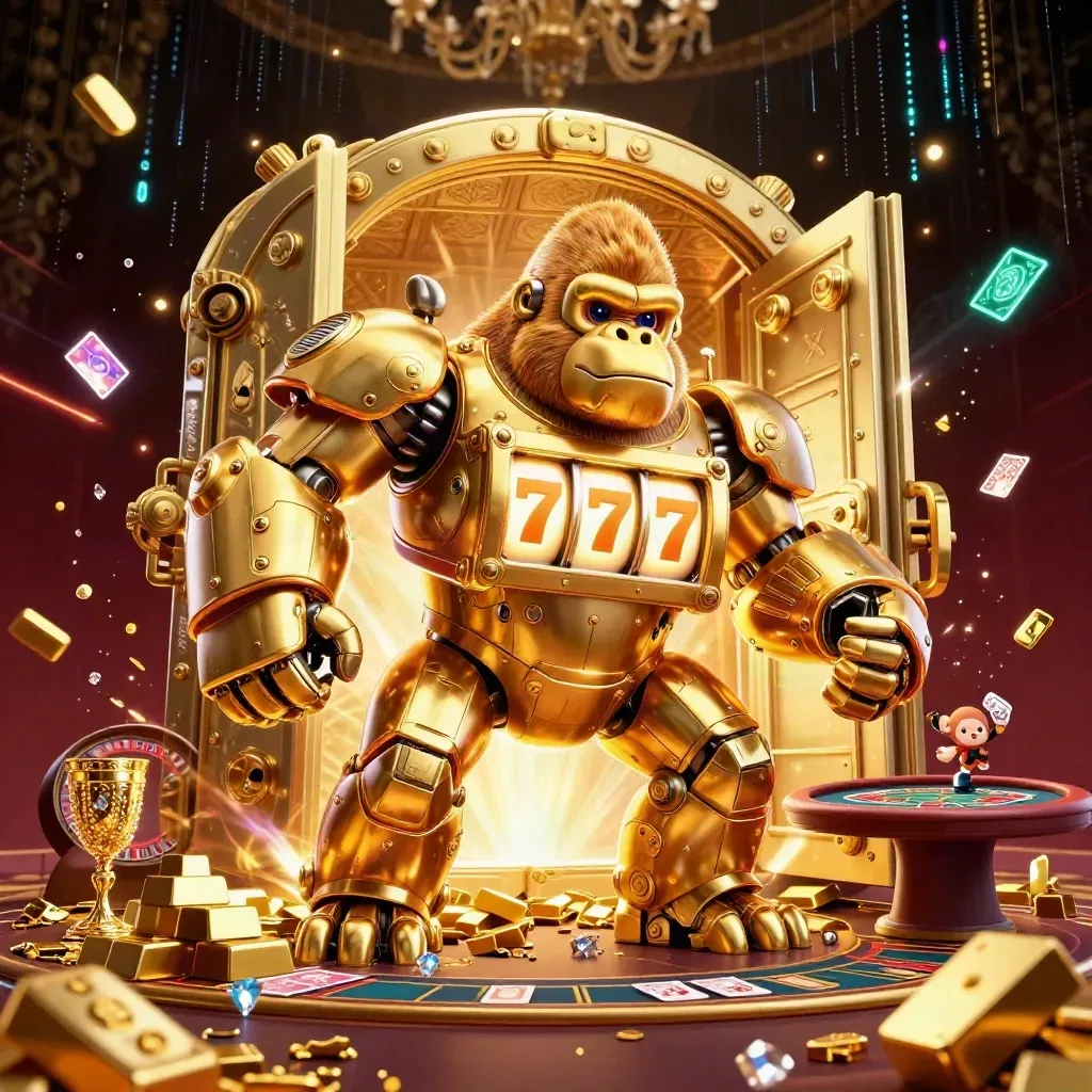 Golden gorilla mech bursts from a vault with casino lights, treasure, and a tiny monkey pilot