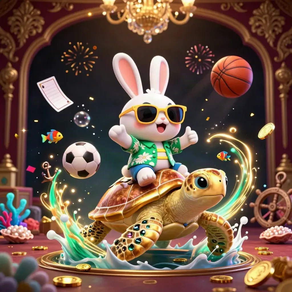 Lucky rabbit on a golden sea turtle amid treasure, coins, fish, sports balls and casino glow.