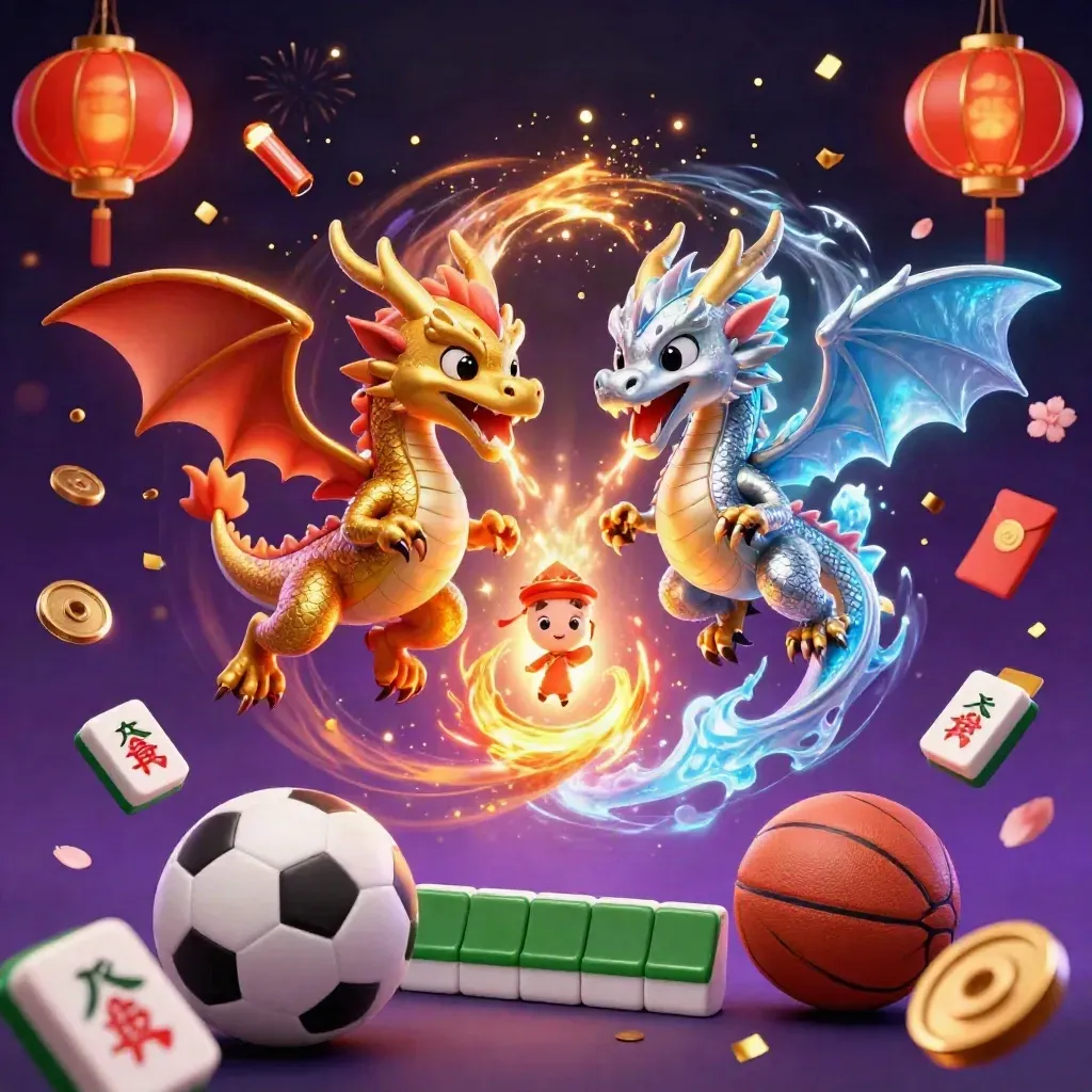 Gold and silver dragons swirl with fire and ice amid casino props, coins, lanterns and sports balls