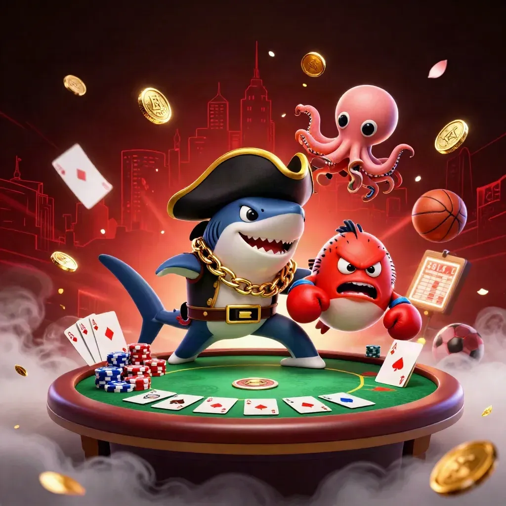 Pirate shark, pufferfish, and octopus amid casino chips, balls, neon haze, and red skyline lights.