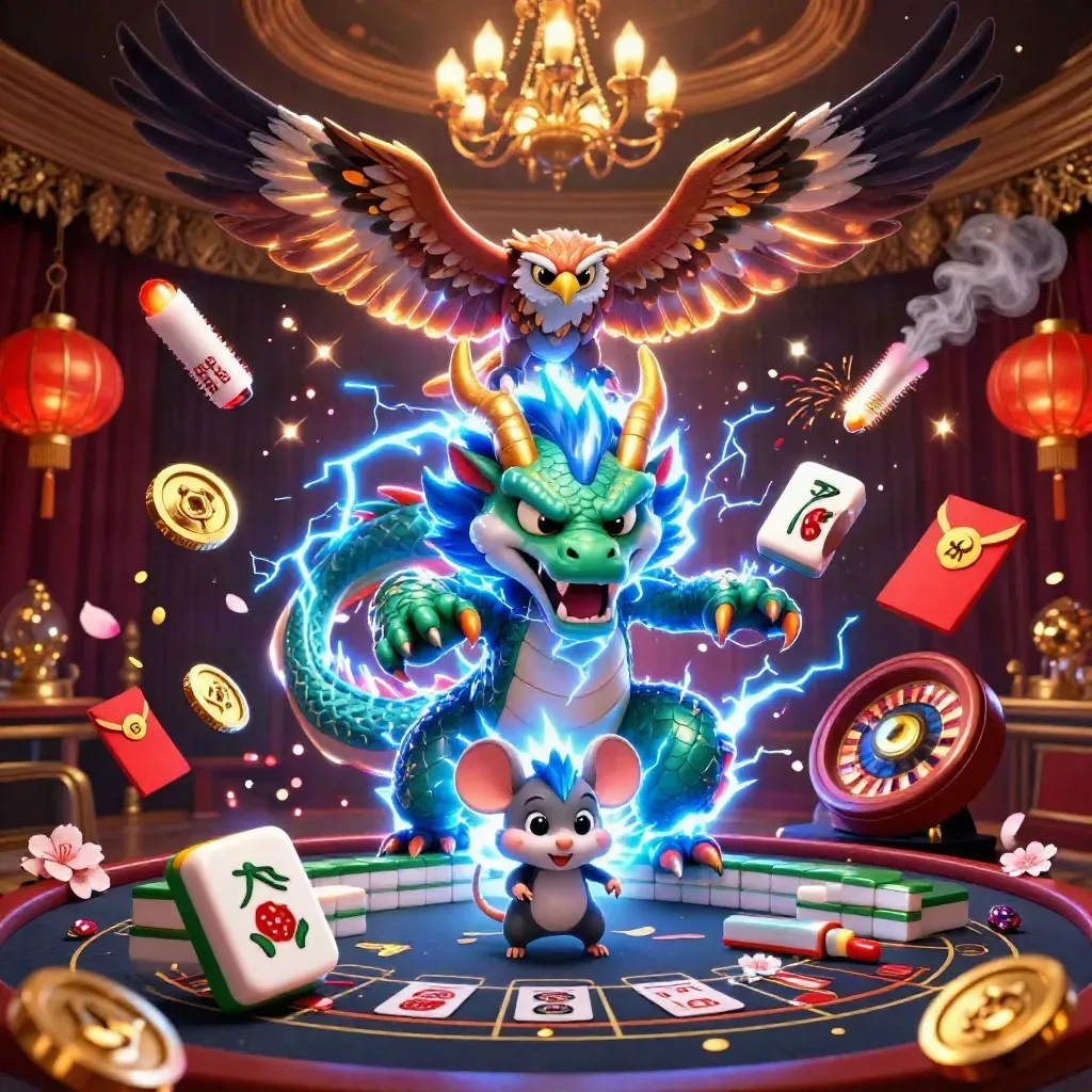 Thunder dragon, wind hawk, and static mouse in a luxe casino room with gold and emerald glow.