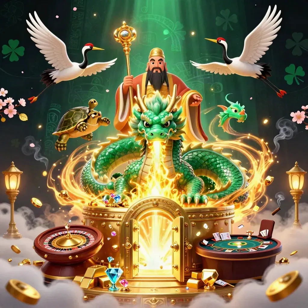 Emerald dragon, turtle sage, and cranes amid vault gold, casino lights, and jackpot energy.