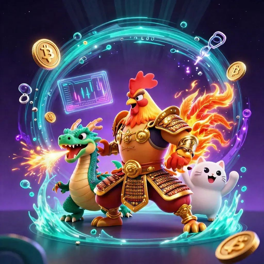 Rooster warrior, spark-breathing hatchling, and fortune cat amid neon coins and magical energy.