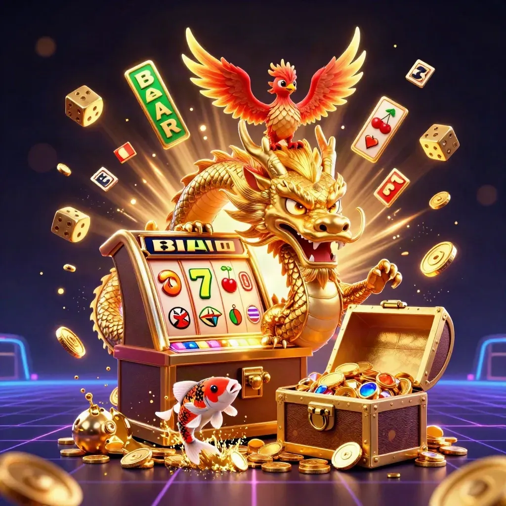 Golden dragon, phoenix, and koi erupt from treasure with slot shards in neon navy-gold light.
