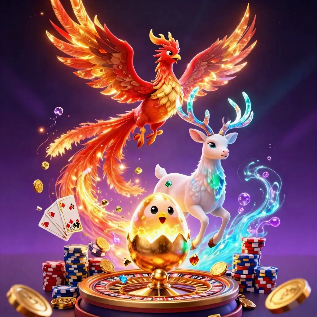 Phoenix, baby phoenix, and crystal stag amid coins, gems, chips, and a roulette wheel.