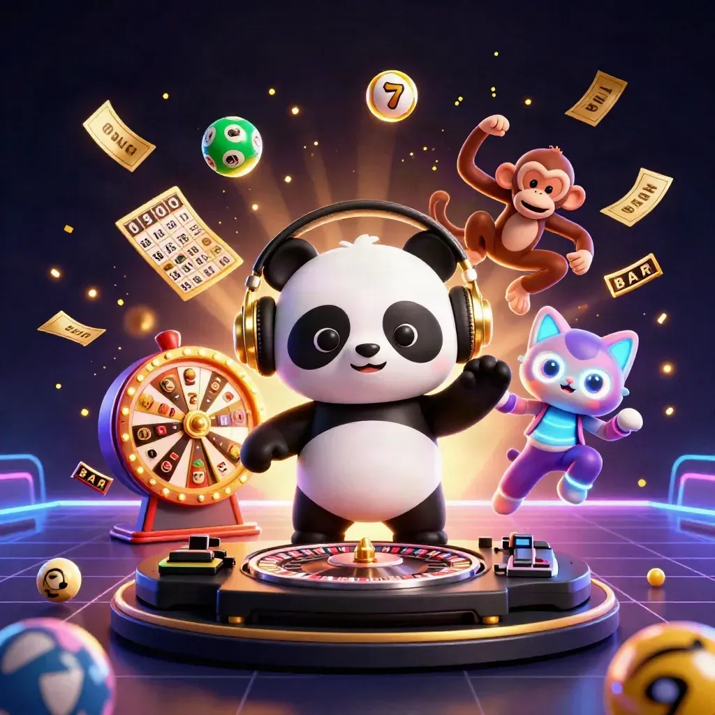 DJ panda, monkey, and kitten amid casino icons, neon lights, and bursting prize effects