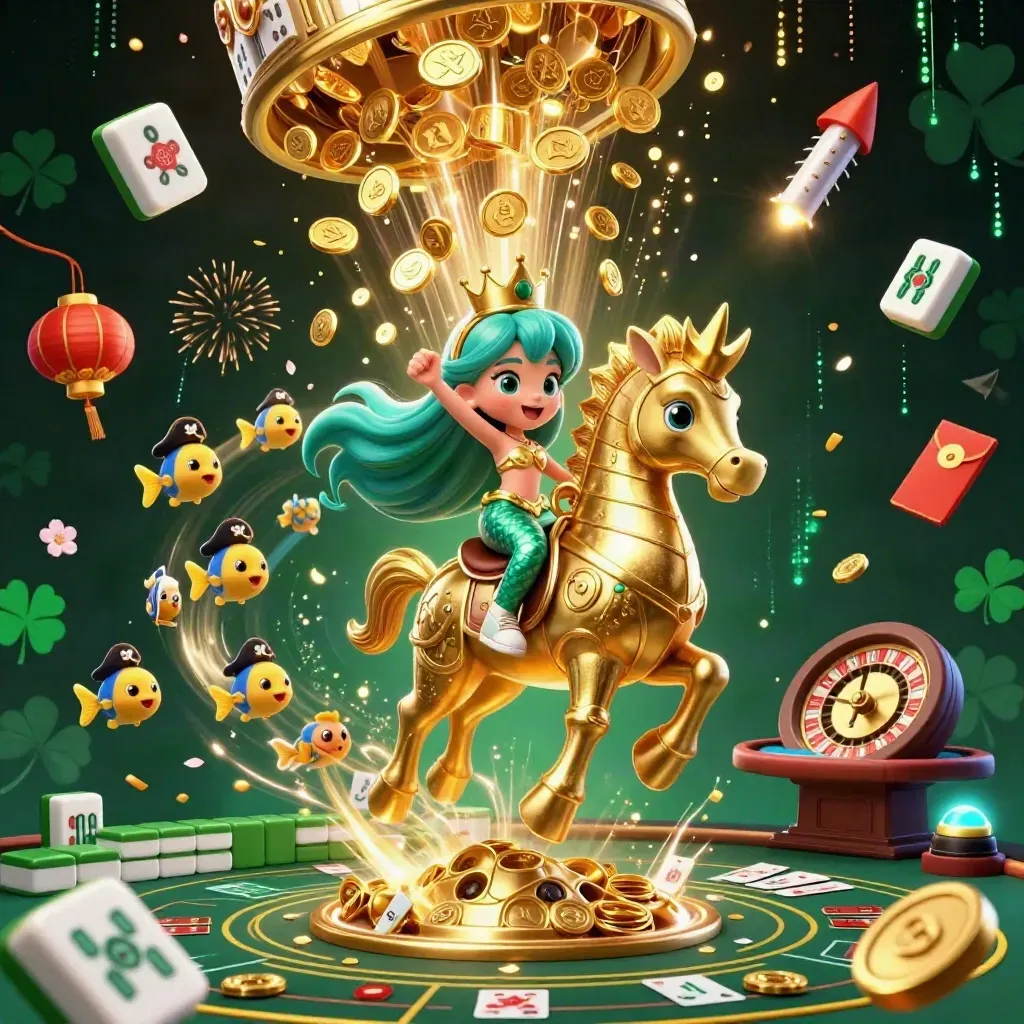Mermaid princess on gold seahorse amid casino treasures, coins, lanterns, fireworks and neon effects.
