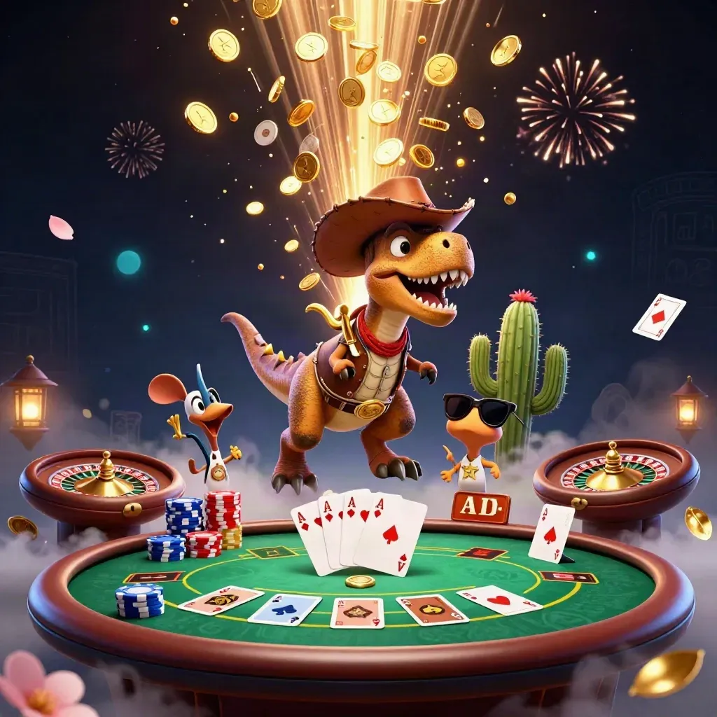 Cowboy T-Rex, cactus, and roadrunner amid casino prizes, coins, cards, and fireworks.
