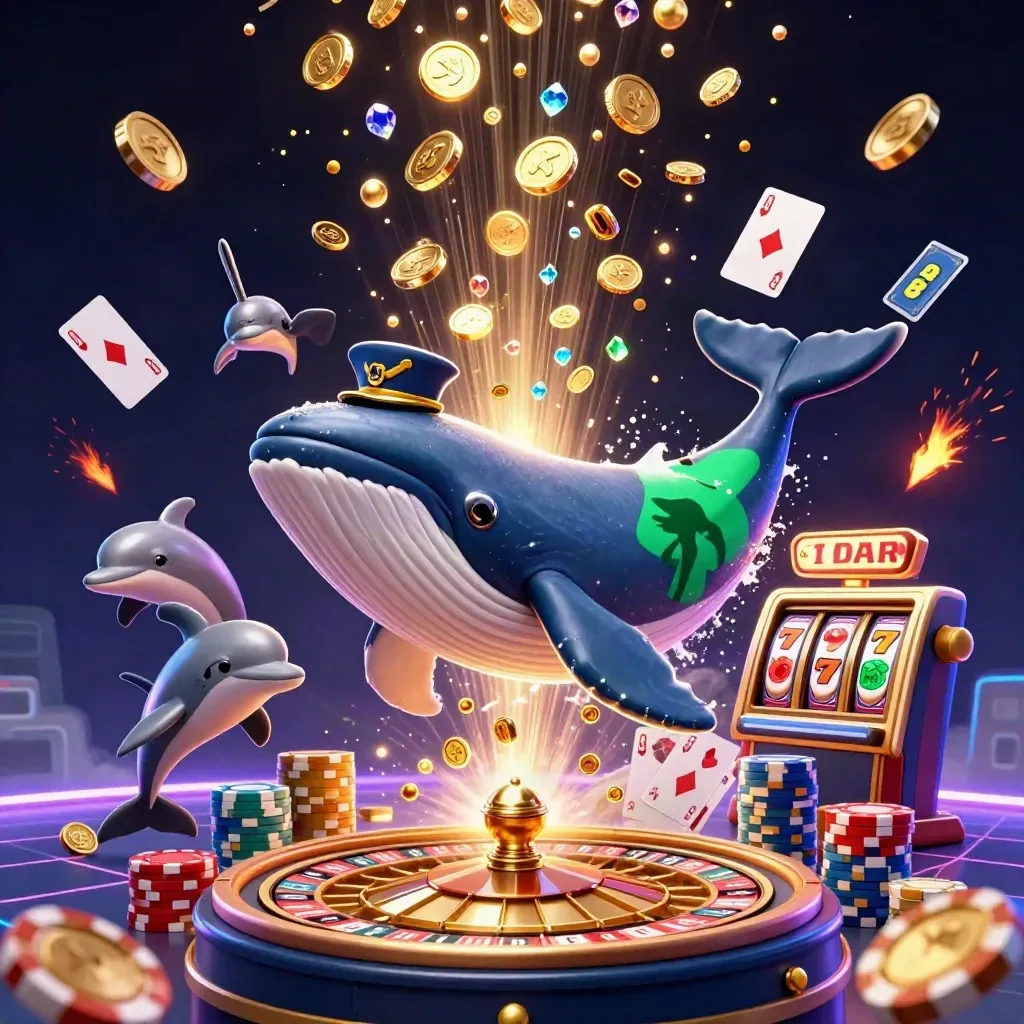 Captain whale, narwhal, and dolphins amid casino coins, chips, roulette, and glowing slot reels.