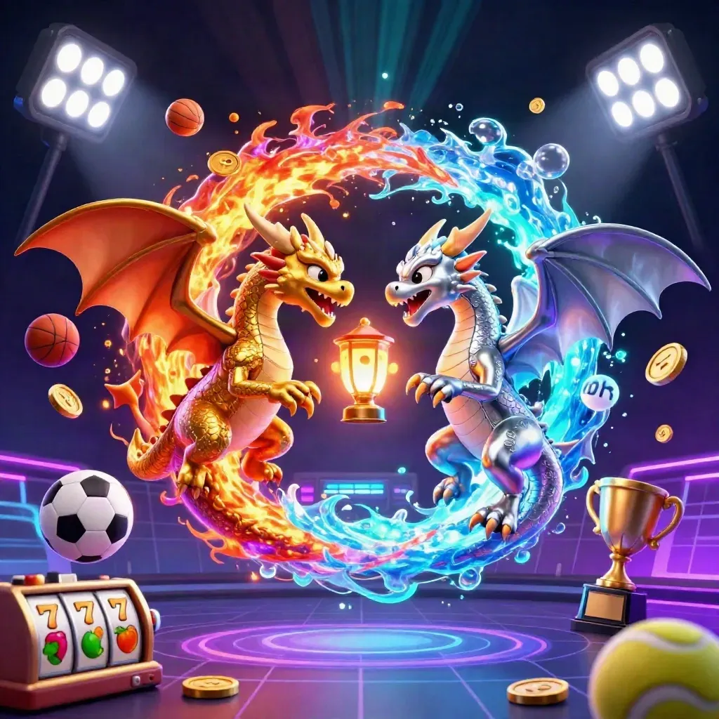 Twin gold and silver dragons spiral with sports balls, coins, trophy, and neon casino effects.