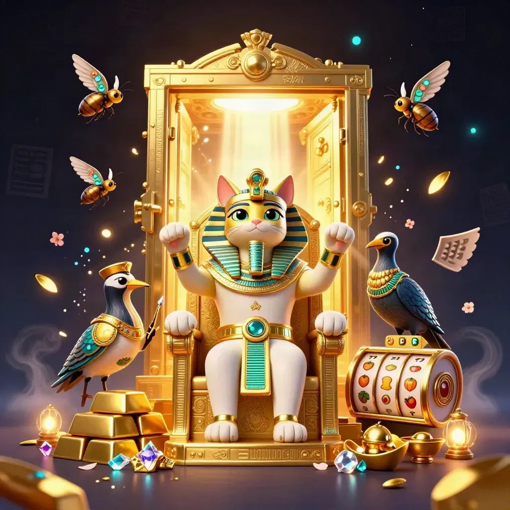 Pharaoh cat on throne with scribe, scarabs, vault light, gold and gems