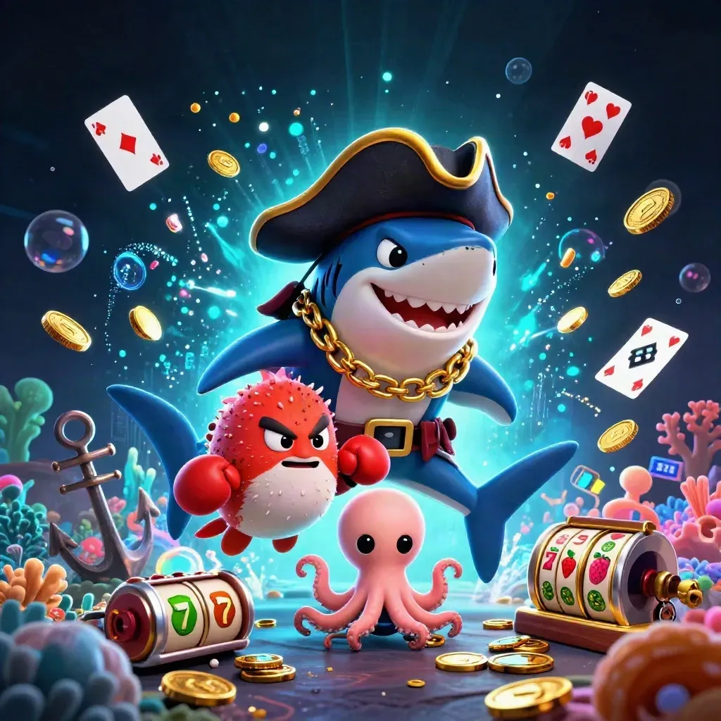 Pirate shark, boxing pufferfish, and coin-juggling octopus amid glowing treasure and casino symbols.